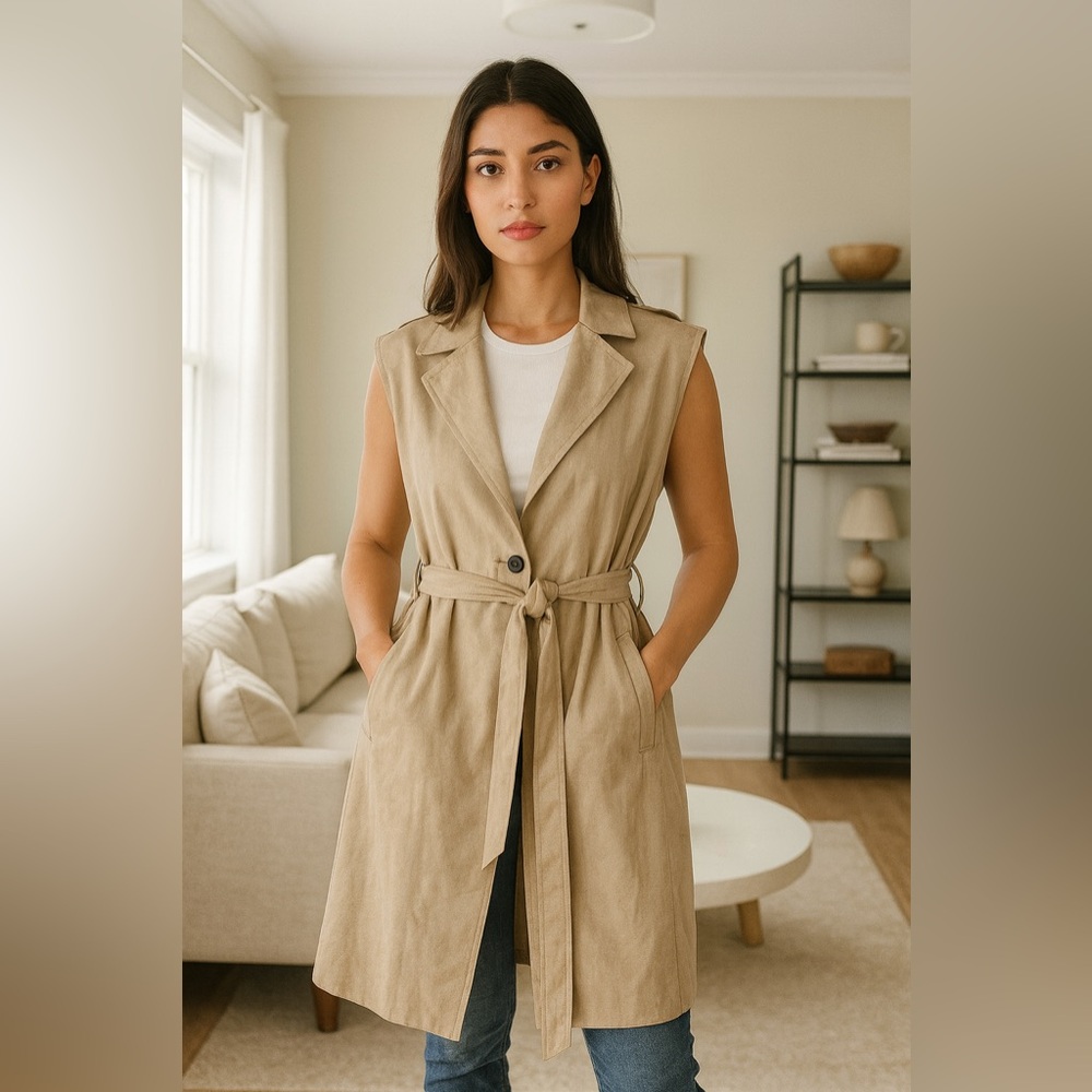 Zara Tan Taupe Long TrenchCoat Suede Vest Belted Size XS